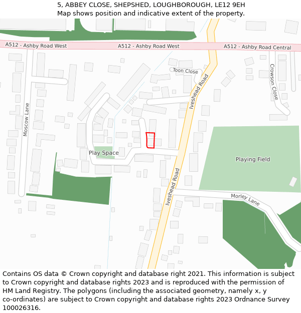 5, ABBEY CLOSE, SHEPSHED, LOUGHBOROUGH, LE12 9EH: Location map and indicative extent of plot