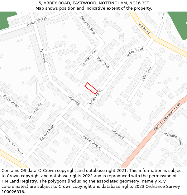 5, ABBEY ROAD, EASTWOOD, NOTTINGHAM, NG16 3FF: Location map and indicative extent of plot