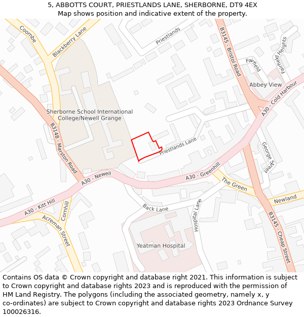 5, ABBOTTS COURT, PRIESTLANDS LANE, SHERBORNE, DT9 4EX: Location map and indicative extent of plot