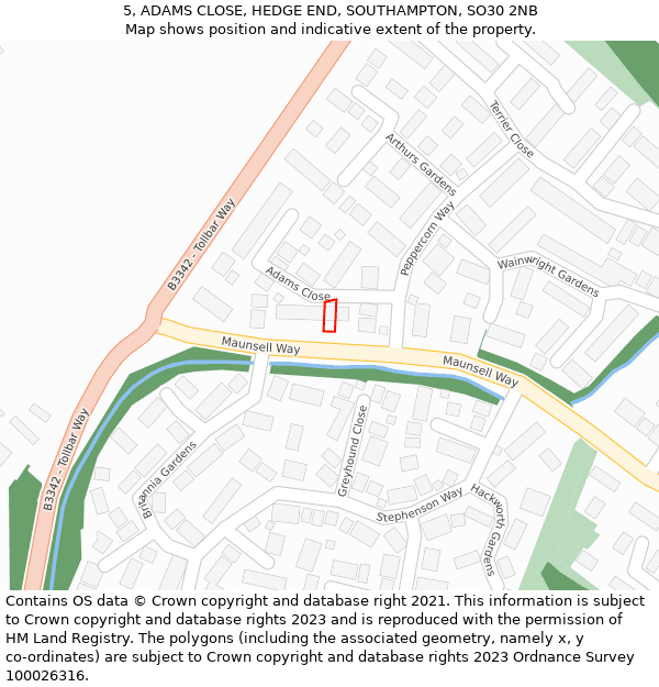 5, ADAMS CLOSE, HEDGE END, SOUTHAMPTON, SO30 2NB: Location map and indicative extent of plot