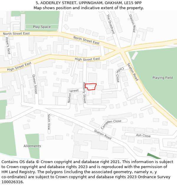 5, ADDERLEY STREET, UPPINGHAM, OAKHAM, LE15 9PP: Location map and indicative extent of plot