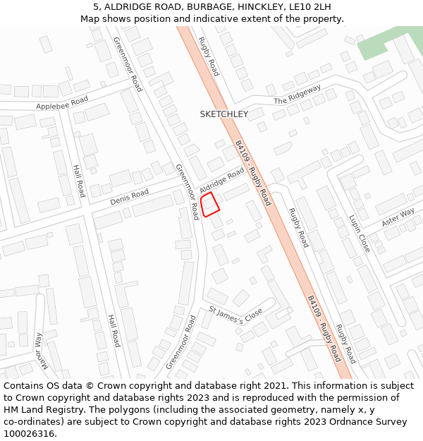 5, ALDRIDGE ROAD, BURBAGE, HINCKLEY, LE10 2LH: Location map and indicative extent of plot