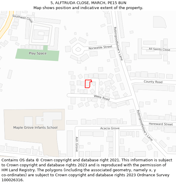 5, ALFTRUDA CLOSE, MARCH, PE15 8UN: Location map and indicative extent of plot