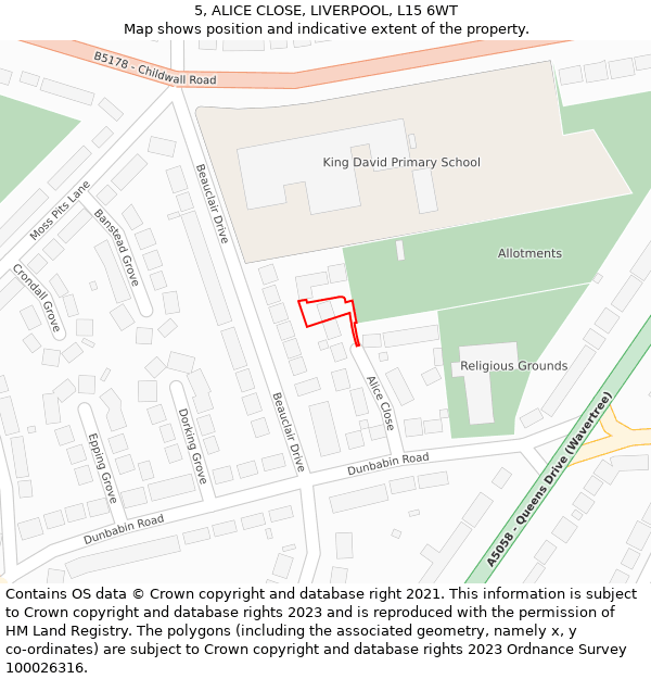 5, ALICE CLOSE, LIVERPOOL, L15 6WT: Location map and indicative extent of plot