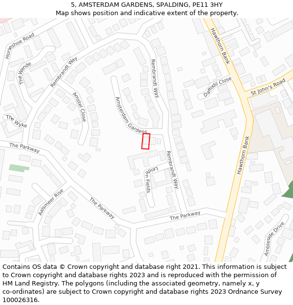 5, AMSTERDAM GARDENS, SPALDING, PE11 3HY: Location map and indicative extent of plot