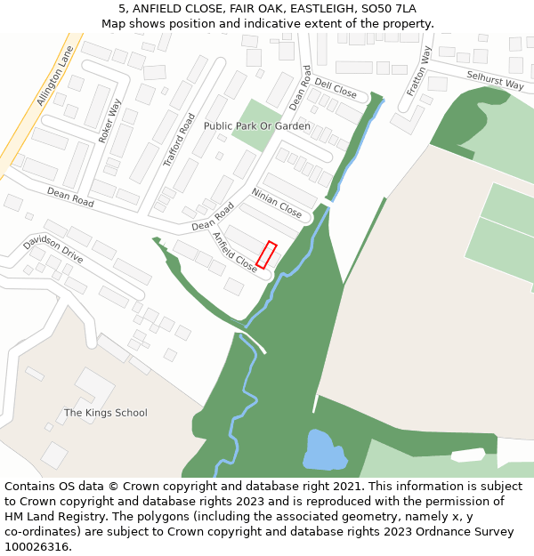 5, ANFIELD CLOSE, FAIR OAK, EASTLEIGH, SO50 7LA: Location map and indicative extent of plot