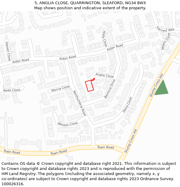 5, ANGLIA CLOSE, QUARRINGTON, SLEAFORD, NG34 8WX: Location map and indicative extent of plot