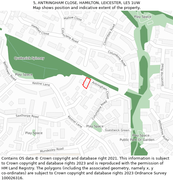 5, ANTRINGHAM CLOSE, HAMILTON, LEICESTER, LE5 1UW: Location map and indicative extent of plot