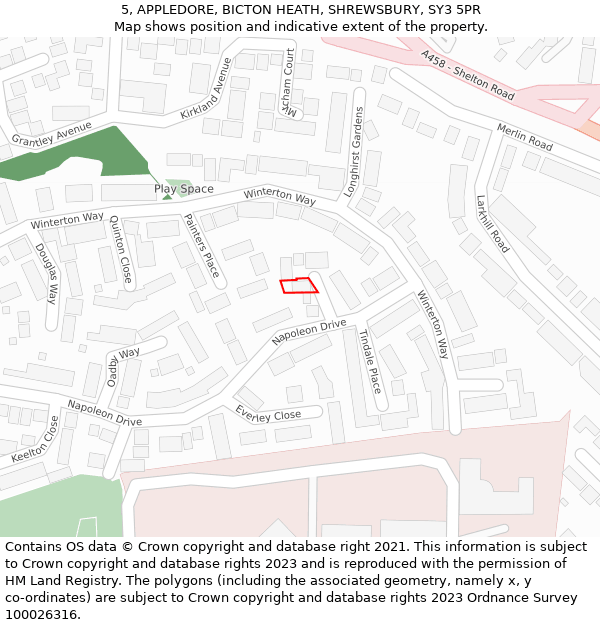 5, APPLEDORE, BICTON HEATH, SHREWSBURY, SY3 5PR: Location map and indicative extent of plot