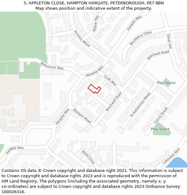 5, APPLETON CLOSE, HAMPTON HARGATE, PETERBOROUGH, PE7 8BN: Location map and indicative extent of plot