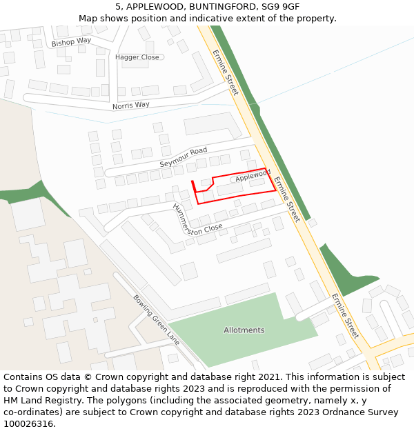 5, APPLEWOOD, BUNTINGFORD, SG9 9GF: Location map and indicative extent of plot