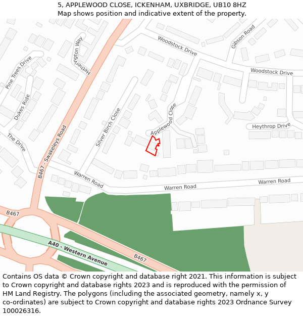 5, APPLEWOOD CLOSE, ICKENHAM, UXBRIDGE, UB10 8HZ: Location map and indicative extent of plot
