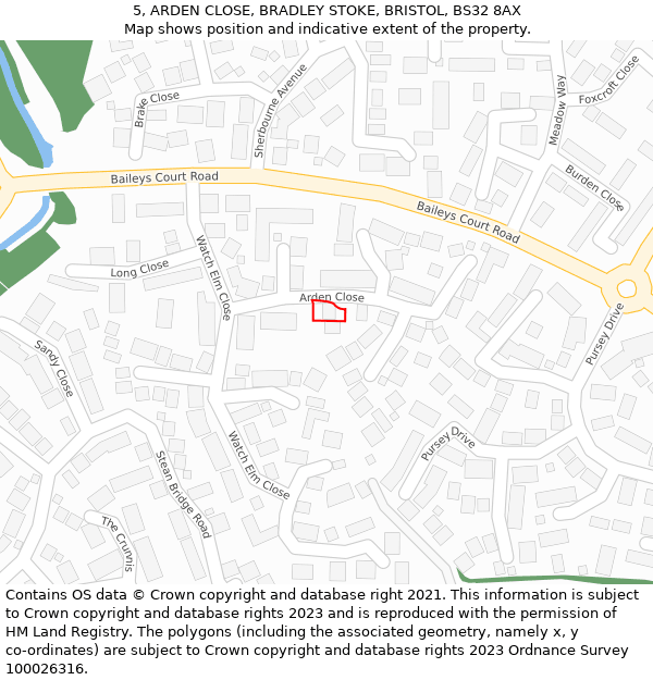 5, ARDEN CLOSE, BRADLEY STOKE, BRISTOL, BS32 8AX: Location map and indicative extent of plot