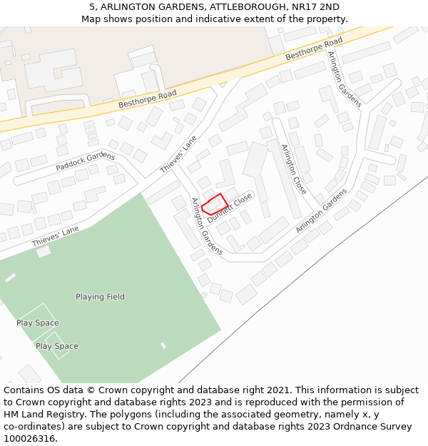 5, ARLINGTON GARDENS, ATTLEBOROUGH, NR17 2ND: Location map and indicative extent of plot