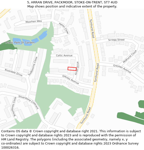 5, ARRAN DRIVE, PACKMOOR, STOKE-ON-TRENT, ST7 4UD: Location map and indicative extent of plot