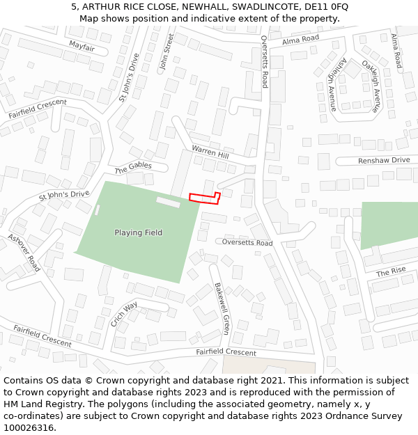 5, ARTHUR RICE CLOSE, NEWHALL, SWADLINCOTE, DE11 0FQ: Location map and indicative extent of plot