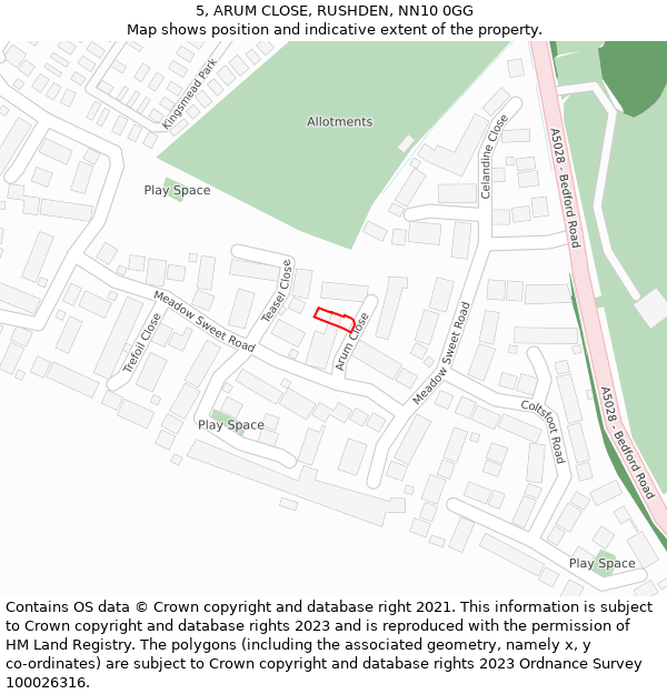 5, ARUM CLOSE, RUSHDEN, NN10 0GG: Location map and indicative extent of plot