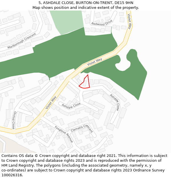 5, ASHDALE CLOSE, BURTON-ON-TRENT, DE15 9HN: Location map and indicative extent of plot
