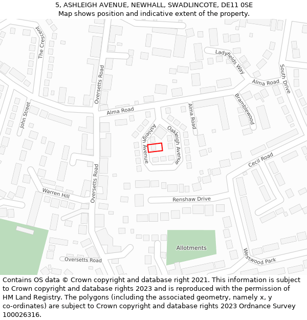 5, ASHLEIGH AVENUE, NEWHALL, SWADLINCOTE, DE11 0SE: Location map and indicative extent of plot