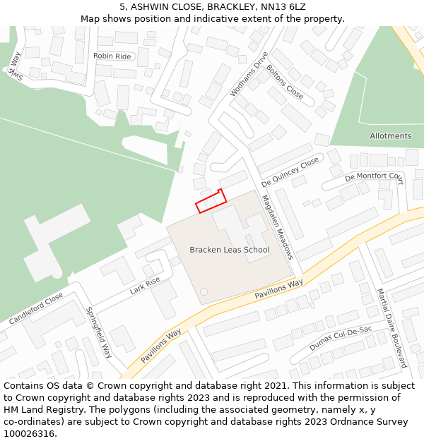 5, ASHWIN CLOSE, BRACKLEY, NN13 6LZ: Location map and indicative extent of plot