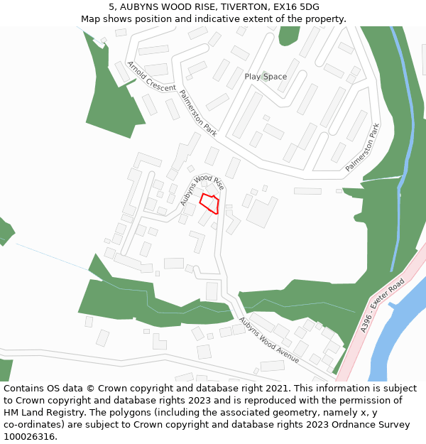 5, AUBYNS WOOD RISE, TIVERTON, EX16 5DG: Location map and indicative extent of plot