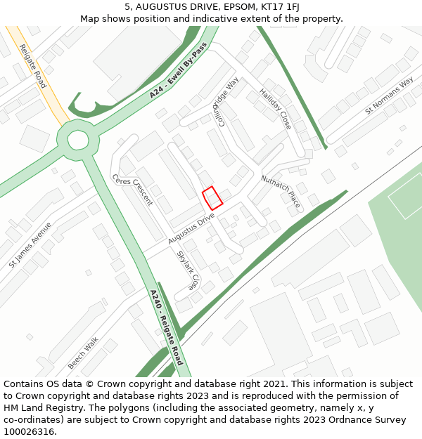 5, AUGUSTUS DRIVE, EPSOM, KT17 1FJ: Location map and indicative extent of plot