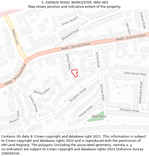 5, AVENUE ROAD, WORCESTER, WR2 4ES: Location map and indicative extent of plot