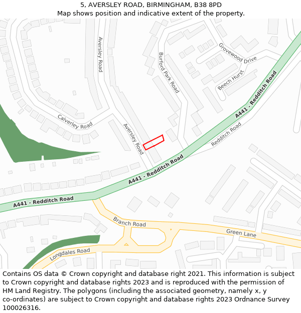 5, AVERSLEY ROAD, BIRMINGHAM, B38 8PD: Location map and indicative extent of plot