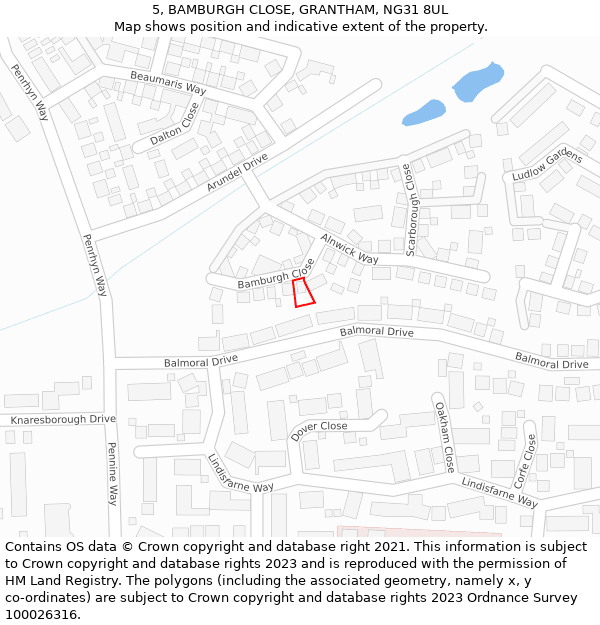 5, BAMBURGH CLOSE, GRANTHAM, NG31 8UL: Location map and indicative extent of plot