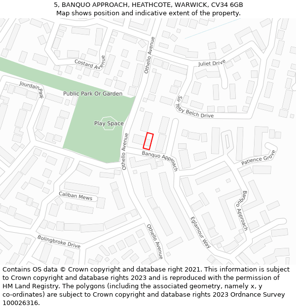 5, BANQUO APPROACH, HEATHCOTE, WARWICK, CV34 6GB: Location map and indicative extent of plot