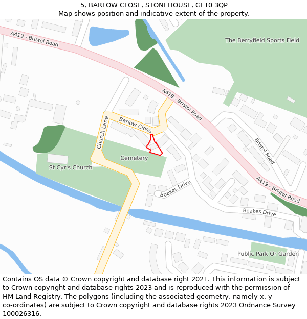 5, BARLOW CLOSE, STONEHOUSE, GL10 3QP: Location map and indicative extent of plot