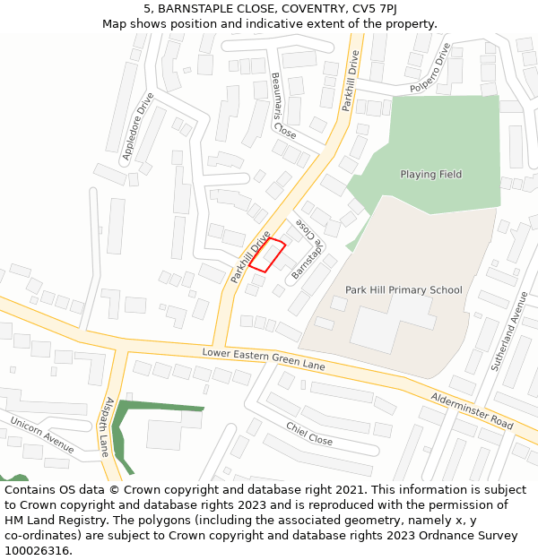 5, BARNSTAPLE CLOSE, COVENTRY, CV5 7PJ: Location map and indicative extent of plot