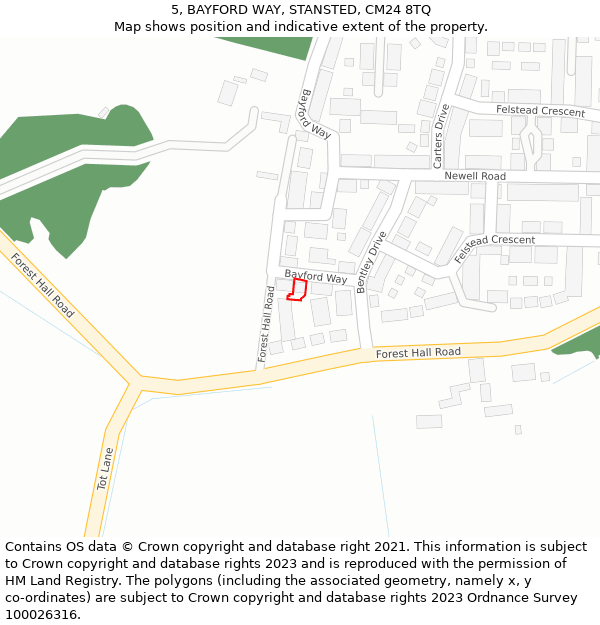 5, BAYFORD WAY, STANSTED, CM24 8TQ: Location map and indicative extent of plot