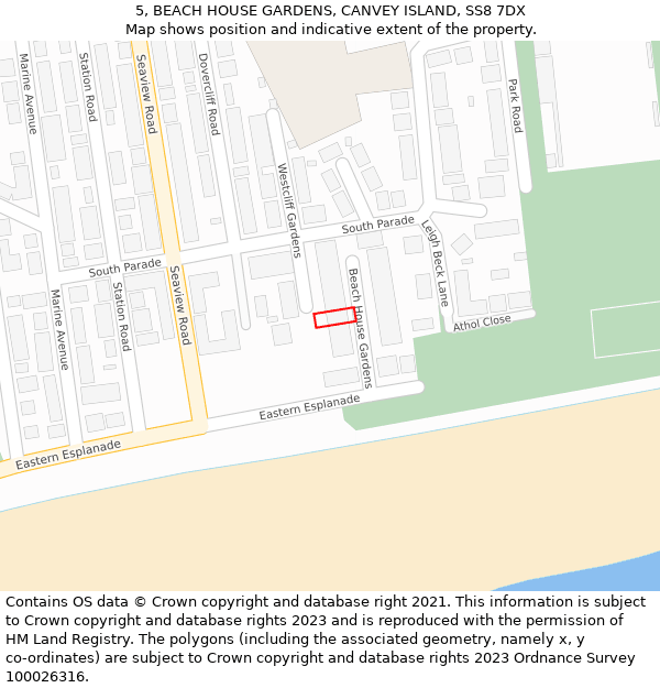 5, BEACH HOUSE GARDENS, CANVEY ISLAND, SS8 7DX: Location map and indicative extent of plot