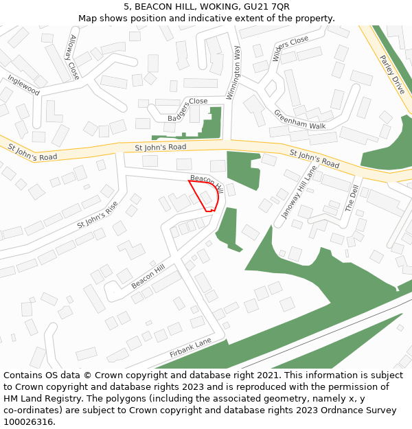 5, BEACON HILL, WOKING, GU21 7QR: Location map and indicative extent of plot