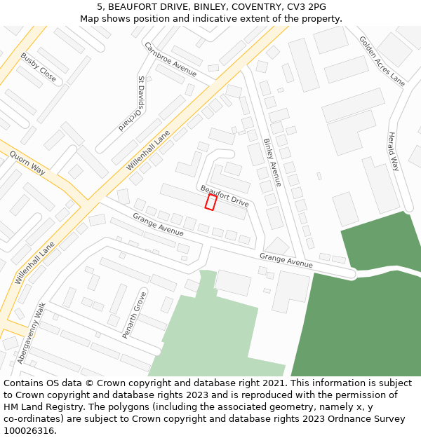 5, BEAUFORT DRIVE, BINLEY, COVENTRY, CV3 2PG: Location map and indicative extent of plot