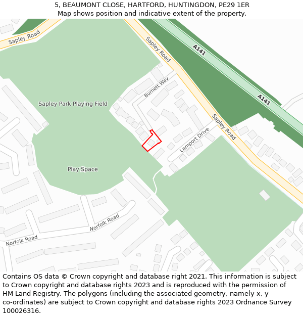 5, BEAUMONT CLOSE, HARTFORD, HUNTINGDON, PE29 1ER: Location map and indicative extent of plot