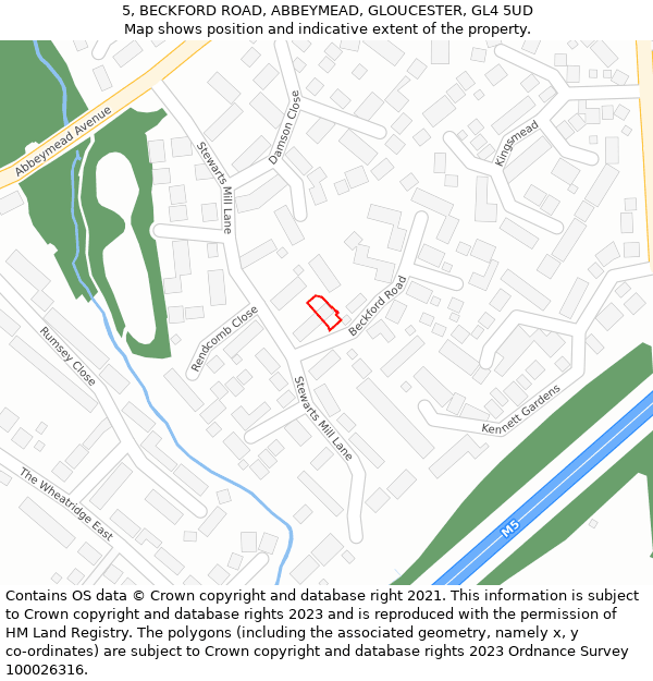 5, BECKFORD ROAD, ABBEYMEAD, GLOUCESTER, GL4 5UD: Location map and indicative extent of plot