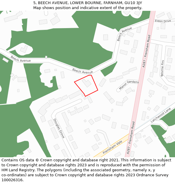 5, BEECH AVENUE, LOWER BOURNE, FARNHAM, GU10 3JY: Location map and indicative extent of plot
