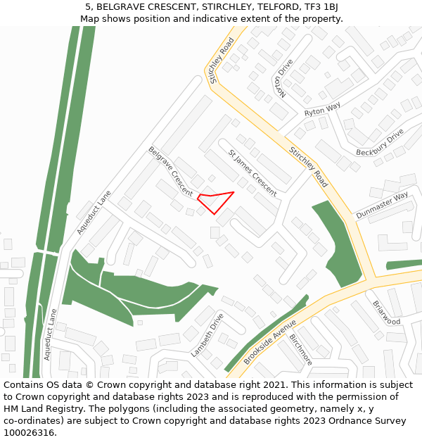 5, BELGRAVE CRESCENT, STIRCHLEY, TELFORD, TF3 1BJ: Location map and indicative extent of plot