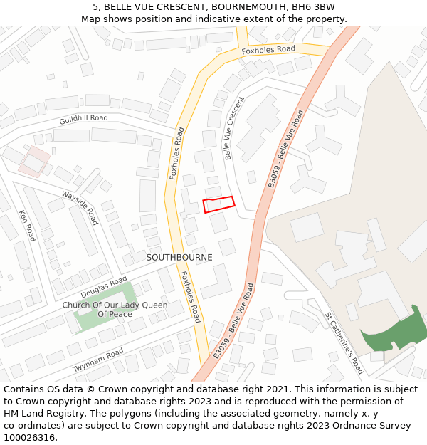 5, BELLE VUE CRESCENT, BOURNEMOUTH, BH6 3BW: Location map and indicative extent of plot