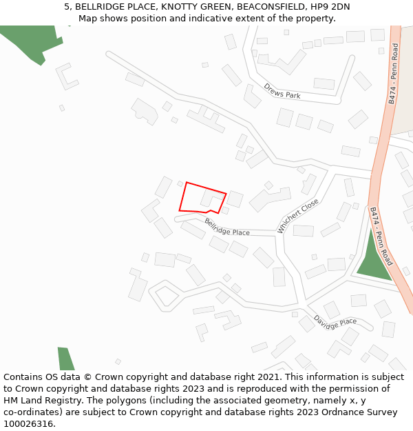 5, BELLRIDGE PLACE, KNOTTY GREEN, BEACONSFIELD, HP9 2DN: Location map and indicative extent of plot