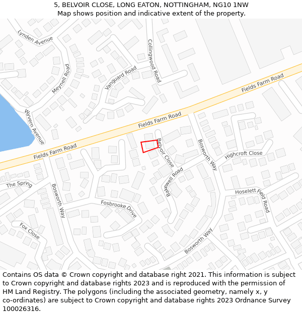 5, BELVOIR CLOSE, LONG EATON, NOTTINGHAM, NG10 1NW: Location map and indicative extent of plot