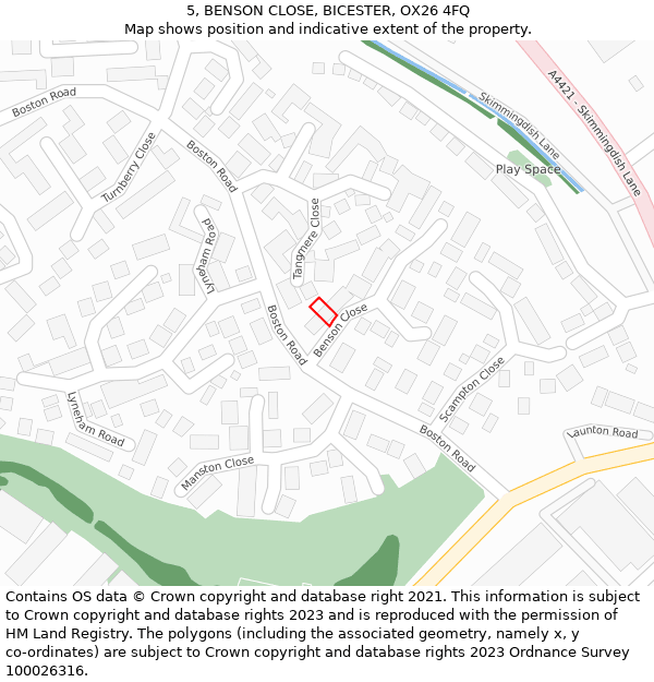 5, BENSON CLOSE, BICESTER, OX26 4FQ: Location map and indicative extent of plot