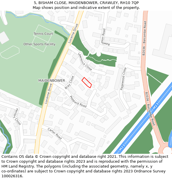 5, BISHAM CLOSE, MAIDENBOWER, CRAWLEY, RH10 7QP: Location map and indicative extent of plot