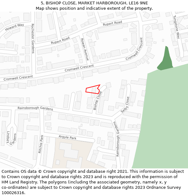 5, BISHOP CLOSE, MARKET HARBOROUGH, LE16 9NE: Location map and indicative extent of plot