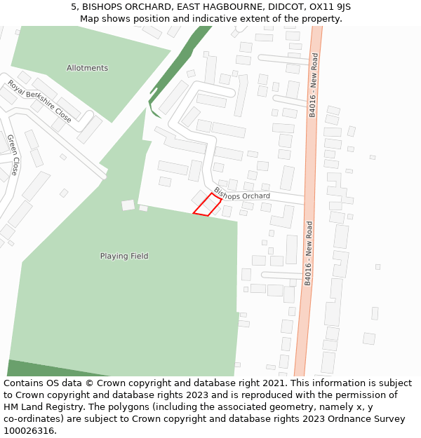 5, BISHOPS ORCHARD, EAST HAGBOURNE, DIDCOT, OX11 9JS: Location map and indicative extent of plot