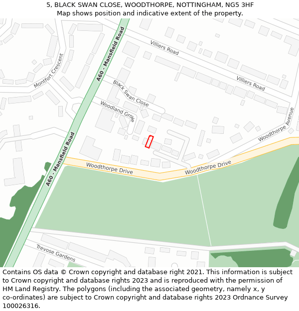 5, BLACK SWAN CLOSE, WOODTHORPE, NOTTINGHAM, NG5 3HF: Location map and indicative extent of plot