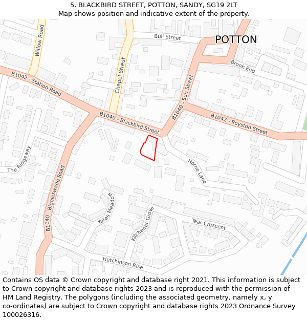 5, BLACKBIRD STREET, POTTON, SANDY, SG19 2LT: Location map and indicative extent of plot