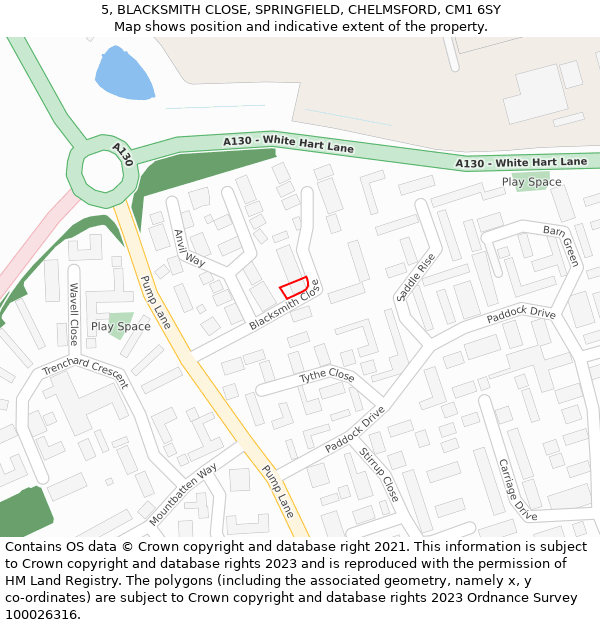 5, BLACKSMITH CLOSE, SPRINGFIELD, CHELMSFORD, CM1 6SY: Location map and indicative extent of plot